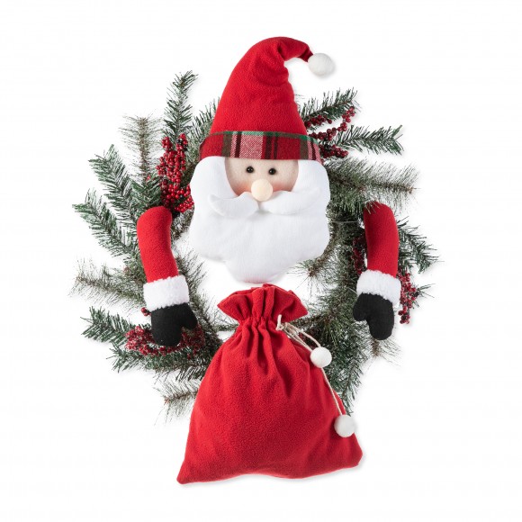 Glitzhome 24"D Christmas Flocked Pine Needle & Berry Wreath with matched 20“H Christmas Fabric Santa Ornament sets
