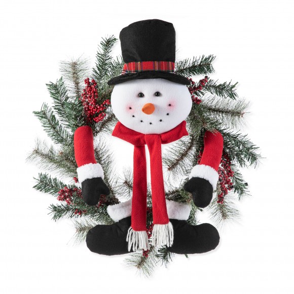 Glitzhome 24"D Christmas Flocked Pine Needle & Berry Wreath with matched 20“H Christmas Fabric Snowman Ornament sets