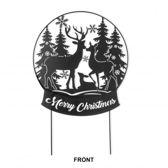 Glitzhome 30"H Christmas Metal Silhouette Waterglobe with Reindeer Family Yard Stake or Wall Decor(KD,Two Function)