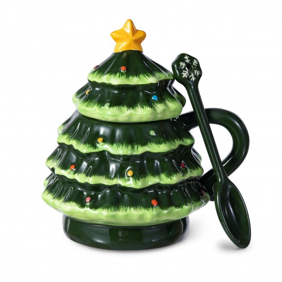 Glitzhome 6.5"H Christmas Ceramic Tree Mug with Lid and Spoon