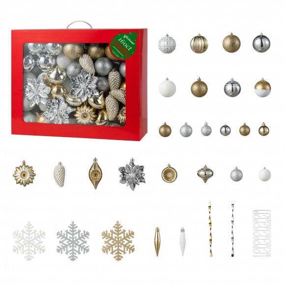 Glitzhome 160ct Christmas Elegant Silver & Gold Deluxe Boxed Shatterproof Ornaments