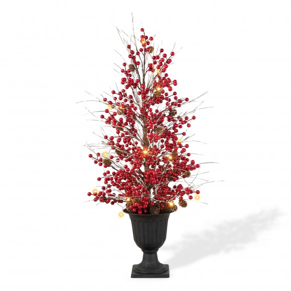 Glitzhome 36"H Christmas Lighted Berry and Pine Cone Urn Porch Tree, 20 Warm White Lights with timer