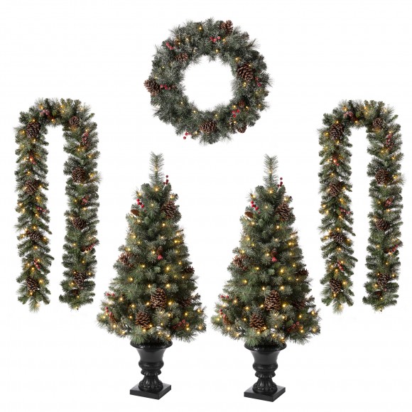 Glitzhome 24"D Pre-Lit Glittered Pine Cone Christmas Wreath and Matched 2pk 9ft Garland Set and 2pk Flocked Christmas Tree with Timer