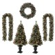 Glitzhome 24"D Pre-Lit Glittered Pine Cone Christmas Wreath and Matched 2pk 9ft Garland Set and 2pk Flocked Christmas Tree with Timer