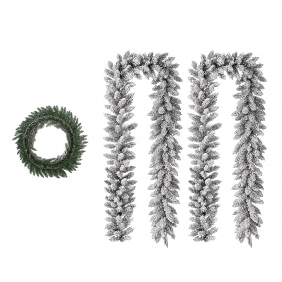 Glitzhome 36"D Oversized Pre-Lit Snow Flocked Christmas Wreath and Matched 2pk 9ft Garland Set with Timer