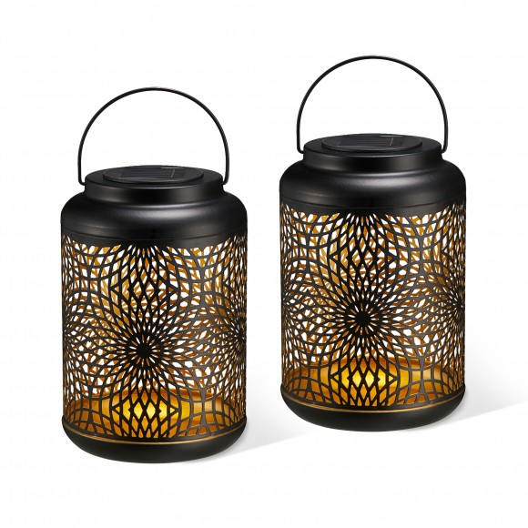 Glitzhome Set of 2 8.75"H Black Metal Cutout Solar Powered Outdoor Hanging Lantern with Edison Bulb