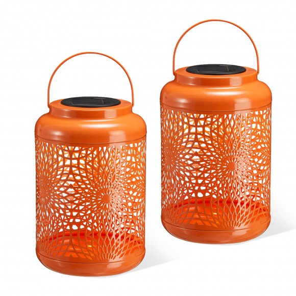 Glitzhome Set of 2 8.75"H Orange Metal Cutout Solar Powered Outdoor Hanging Lantern with Edison Bulb