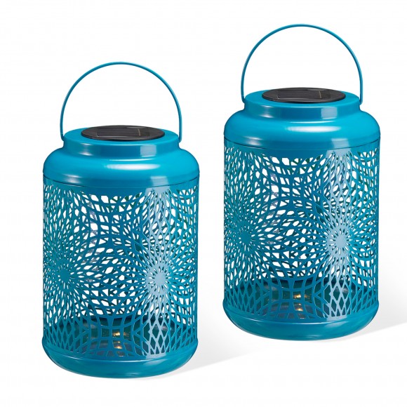 Glitzhome Set of 2 8.75"H Blue Metal Cutout Solar Powered Outdoor Hanging Lantern with Edison Bulb