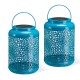 Glitzhome Set of 2 8.75"H Blue Metal Cutout Solar Powered Outdoor Hanging Lantern with Edison Bulb