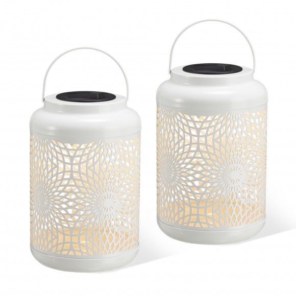 Glitzhome Set of 2 8.75"H White Metal Cutout Solar Powered Outdoor Hanging Lantern with Edison Bulb