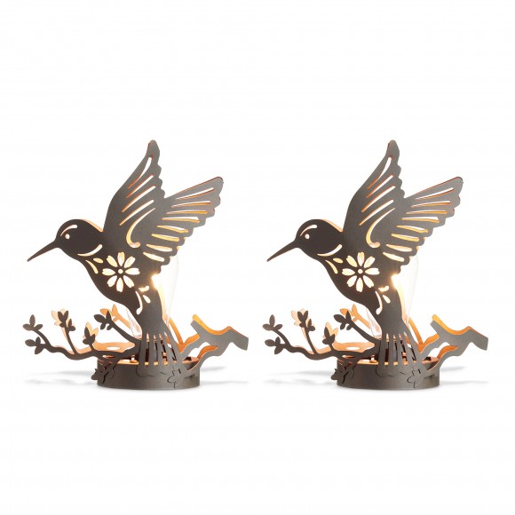 Glitzhome 9.75"H Set of 2 Black and Gold Metal Cutout Flying Hummingbird Silhouette Solar Powered Edison Bulb Outdoor Lantern