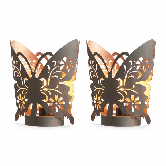 Glitzhome 9"L  Set of 2 Black and Gold Metal Cutout Flying Butterfly Silhouette Solar Powdered Edison Bulb Outdoor Lantern.