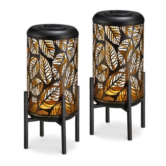 Glitzhome 14.25"H Set of 2 Black and Gold Metal Cutout Leaves Pattern Solar Powered LED Outdoor Lantern with Stand