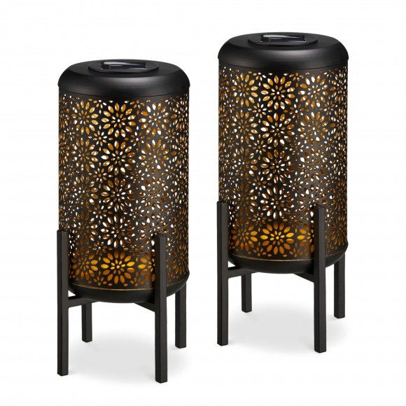 Glitzhome 14.25"H Set of 2 Black and Gold Metal Cutout Flower Pattern Solar Powered LED Outdoor Lantern with Stand