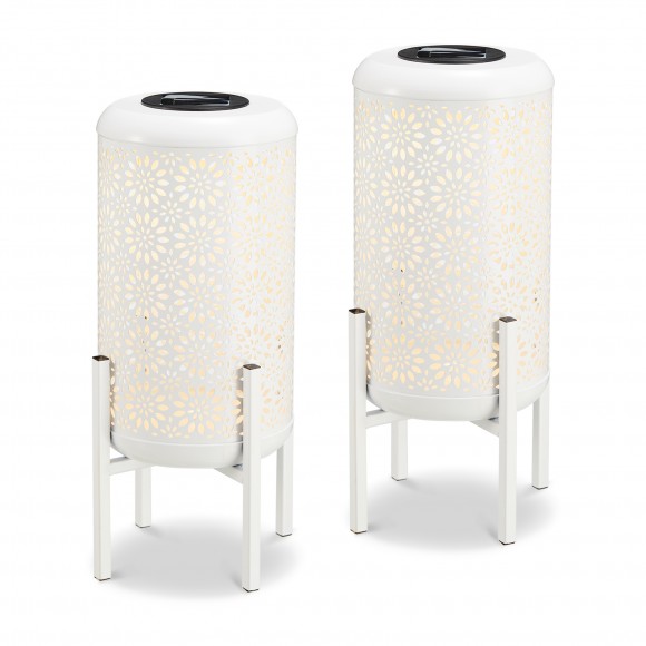 Glitzhome 14.25"H Set of 2 White Metal Cutout Flower Pattern Solar Powered LED Outdoor Lantern with Stand