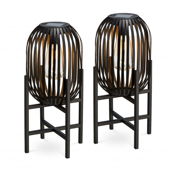 Glitzhome 14.25"H Set of 2 Slim-shaped Black Metal Stripes Solar Powered Edison Bulb Slim Outdoor Lantern with Stand