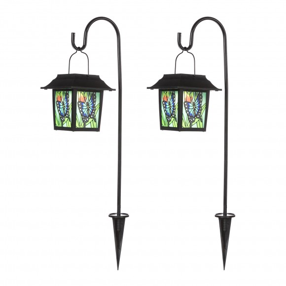Glitzhome 30"H Set of 2 Solar Powered Butterfly Scene Pattern Garden Lamp or Pathway Light with Ground Stake (KD)