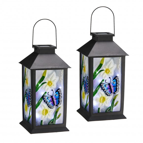 Glitzhome 11"H Set of 2 Stylish Textured Glass with Butterfly and Flower Pattern Solar Powered Hanging Lantern (KD)