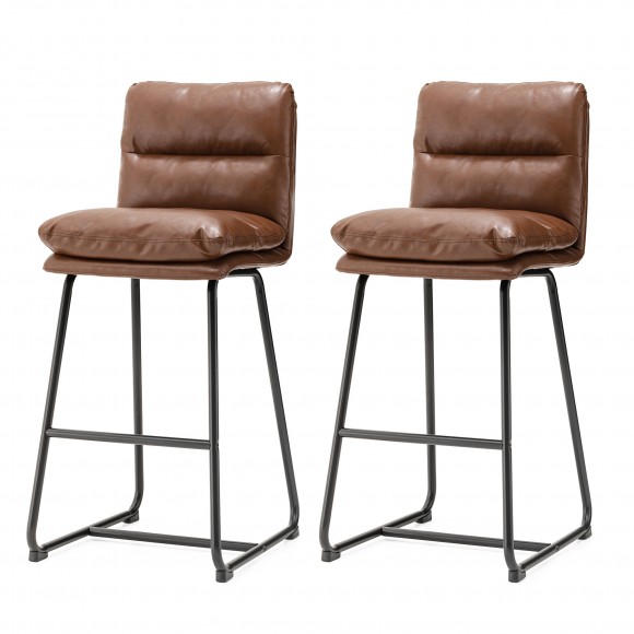 Glitzhome Set of 2 Modern Brown Thick Leatherette Bar Stool with Metal Legs