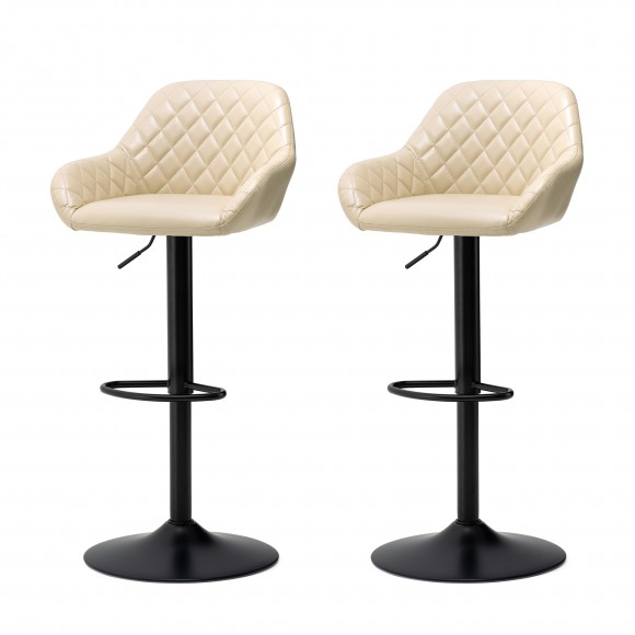 Glitzhome Set of 2 Mid-Century Modern Cream Quilted Leatherette Gaslift Adjustable Swivel Bar Stool