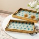 Glitzhome Set of 2 Rectangle Wooden & Plastic Peacock Feathers Patterned Decorative Trays with Handles