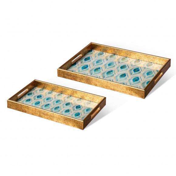 Glitzhome Set of 2 Rectangle Wooden & Plastic Peacock Feathers Patterned Decorative Trays with Handles