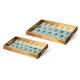 Glitzhome Set of 2 Rectangle Wooden & Plastic Peacock Feathers Patterned Decorative Trays with Handles