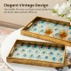 Glitzhome Set of 2 Rectangle Wooden & Plastic Peacock Feathers Patterned Decorative Trays with Handles