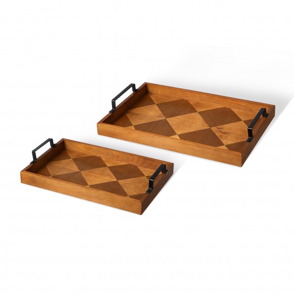 Glitzhome Set of 2 Rectangle Wooden Geometric Trays with Metal Handles