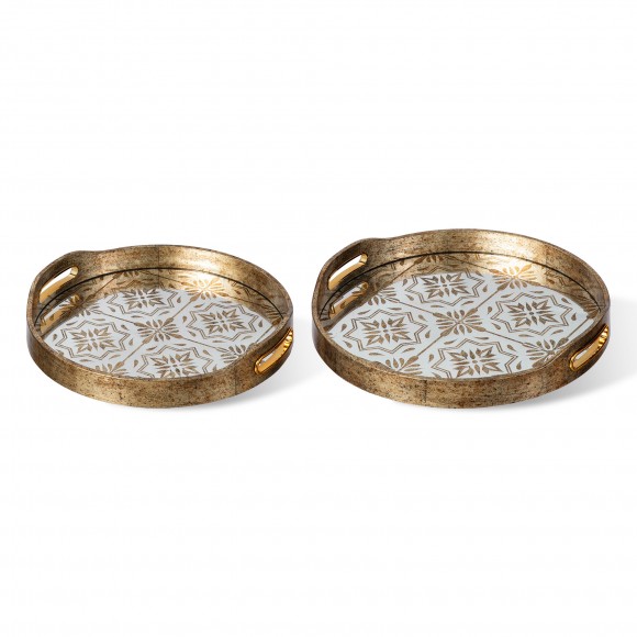 Glitzhome Set of 2 Round Gold Abstract Mirrored Trays with Handles