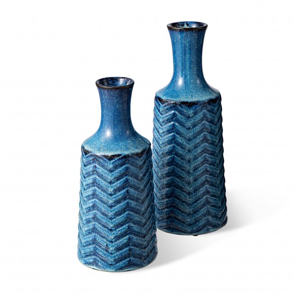 Glitzhome Set of 2 Modern Brilliant Blue Chevron Ceramic Table Vases