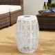 Glitzhome 18.25"H Multi-Functional White Iron Cutout Leaf Pattern Drum Silhouette Solar Powdered Garden Stool or Planter Stand or Accent Table or Lantern