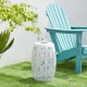Glitzhome 18.25"H Multi-Functional White Iron Cutout Leaf Pattern Drum Silhouette Solar Powdered Garden Stool or Planter Stand or Accent Table or Lantern