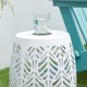 Glitzhome 18.25"H Multi-Functional White Iron Cutout Leaf Pattern Drum Silhouette Solar Powdered Garden Stool or Planter Stand or Accent Table or Lantern
