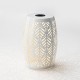Glitzhome 18.25"H Multi-Functional White Iron Cutout Leaf Pattern Drum Silhouette Solar Powdered Garden Stool or Planter Stand or Accent Table or Lantern