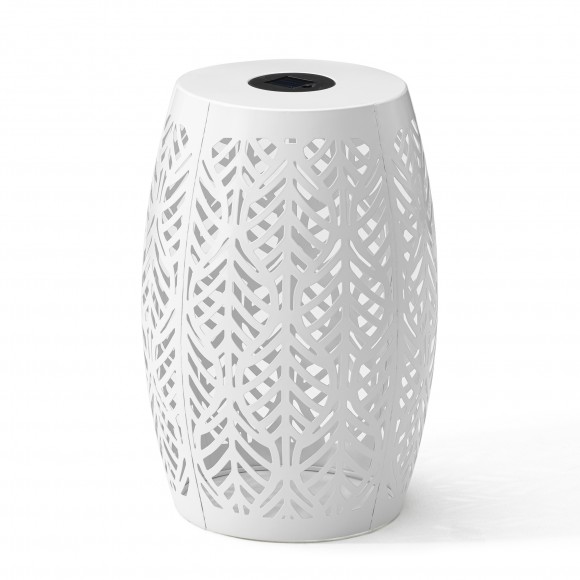 Glitzhome 18.25"H Multi-Functional White Iron Cutout Leaf Pattern Drum Silhouette Solar Powdered Garden Stool or Planter Stand or Accent Table or Lantern