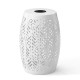 Glitzhome 18.25"H Multi-Functional White Iron Cutout Leaf Pattern Drum Silhouette Solar Powdered Garden Stool or Planter Stand or Accent Table or Lantern