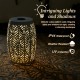 Glitzhome 18.25"H Multi-Functional White Iron Cutout Leaf Pattern Drum Silhouette Solar Powdered Garden Stool or Planter Stand or Accent Table or Lantern