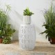 Glitzhome 18.25"H Multi-Functional White Iron Cutout Leaf Pattern Drum Silhouette Solar Powdered Garden Stool or Planter Stand or Accent Table or Lantern