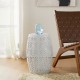 Glitzhome 18.25"H Multi-Functional White Iron Cutout Leaf Pattern Drum Silhouette Solar Powdered Garden Stool or Planter Stand or Accent Table or Lantern