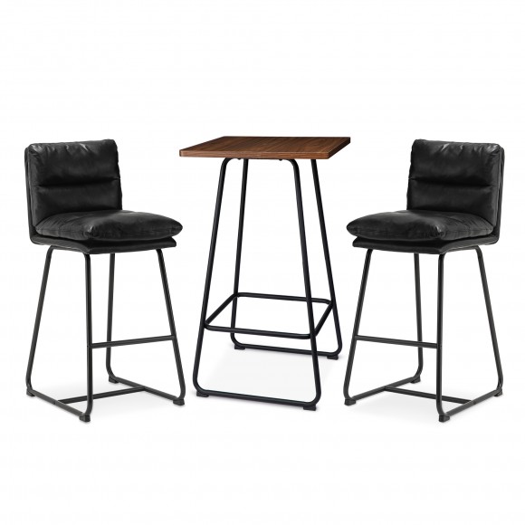 Glitzhome SSet of 3 Pub Table Set - Industrial Modern Square Bar Table with Walnut Veneer Top and Black Thick Leatherette Bar Stools