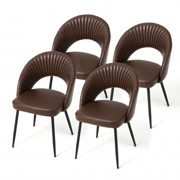 Glitzhome Set of 4 Mid-Century Modern Brown Quilted Leatherette Dining Chair with Metal Tapered Legs