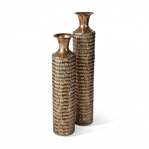 Glitzhome Set of 2 Metal Gold Embossed Floor Vases with Verdigris Finish