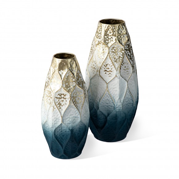 Glitzhome Set of 2 Abstract Ombre  Blue and Gold Metal Vases