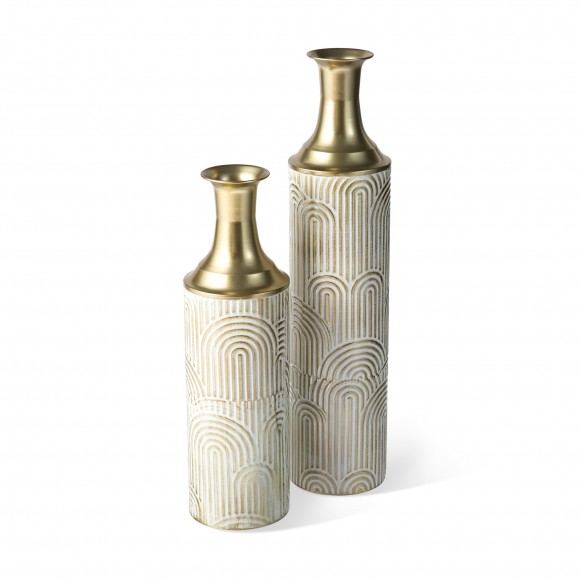 Glitzhome Set of 2 Modern White and Gold Metal Floor Vases