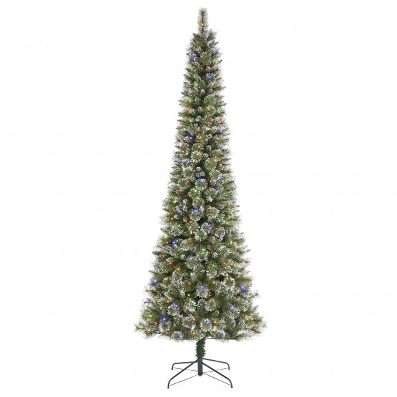 Glitzhome 9ft Pre-Lit Frosted Cashmere Pencil Pine Artificial Christmas Tree with 350 Warm White/Multi-color C3 Clear LED Lights, 9 Function w/Remote Control