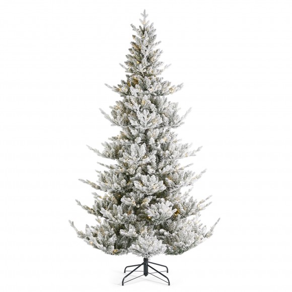 Glitzhome 7.5ft Pre-Lit Flocked Upward Slim Fir Artificial Christmas Tree with 400 Warm White Lights, 3 Function w/Remote Control