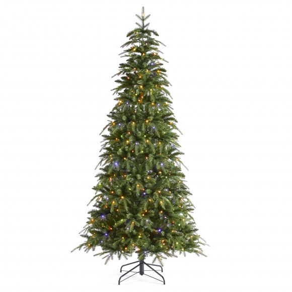 Glitzhome 7.5ft Pre-Lit Green Slim Fir Artificial Christmas Tree with 400 Warm White/Multi-color LED Lights, 9 Function, w/Remote Control