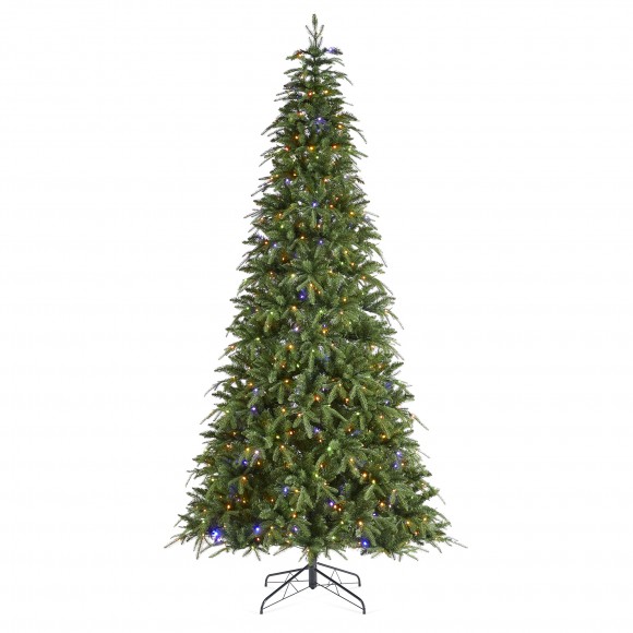 Glitzhome 9ft Pre-Lit Green Slim Fir Artificial Christmas Tree with 650 Warm White/Multi-color LED Lights, 9 Function, w/Remote Control, Simple Setup