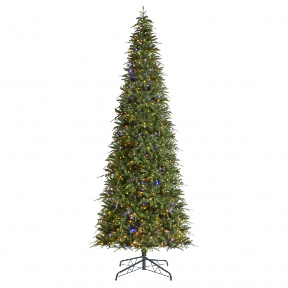 Glitzhome 11ft Pre-Lit Green Slim Fir Artificial Christmas Tree with 850 Warm White/Multi-color LED Lights, 9 Function, w/Remote Control, Simple Setup